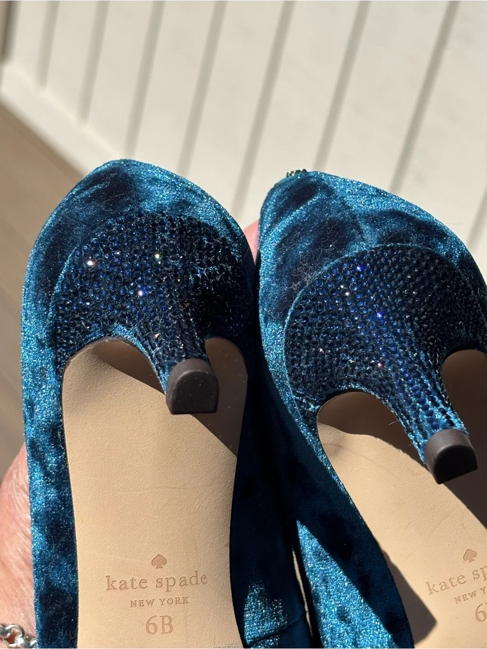 kate spade Deep Teal Velvet rhinestone heel Pointed-Toe Pumps - Picture 8 of 11